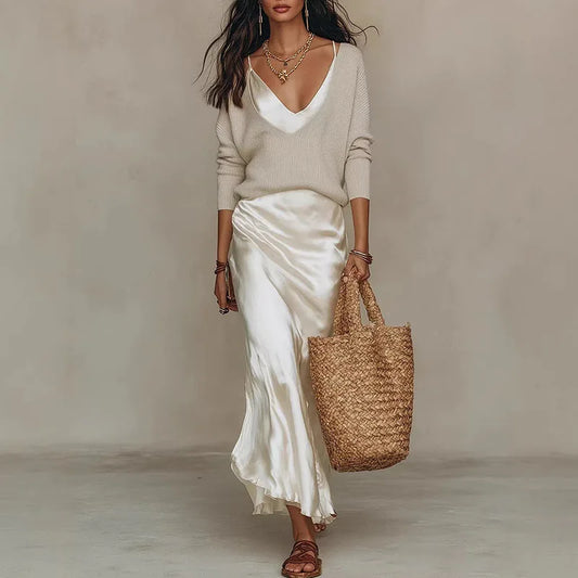Oriane Knit & Satin Skirt Set