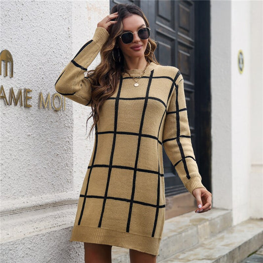 Elle Welcome Grid Sweater Dress